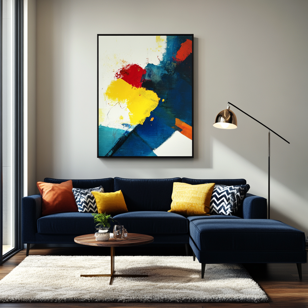 Photorealistic image of a modern living room featuring a navy sectional sofa, abstract art on a white wall, and vibrant mustard yellow and teal accents, bathed in natural light from large windows.