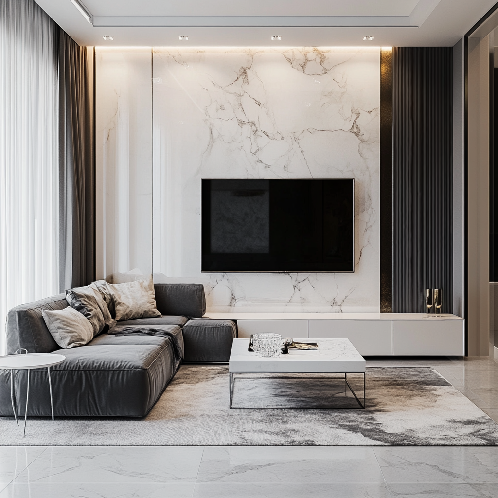 Modern minimalist living room with a charcoal gray sectional sofa, white tulip side tables, and metallic accents, illuminated by natural and recessed lighting.