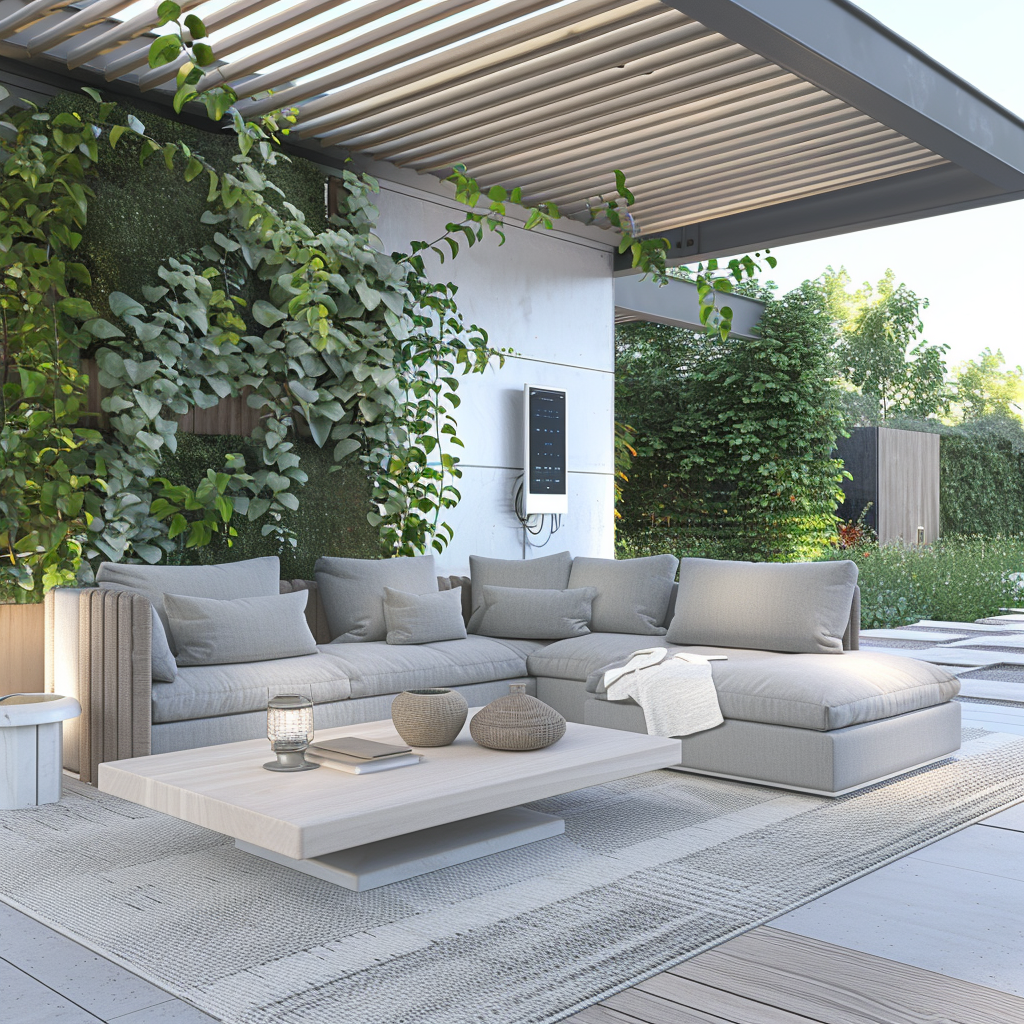 Modern outdoor living room featuring a sleek modular sofa, white coffee table, teak smart home control panel, LED path lights, and a vertical garden wall in a tranquil garden setting, captured in high-resolution photography.