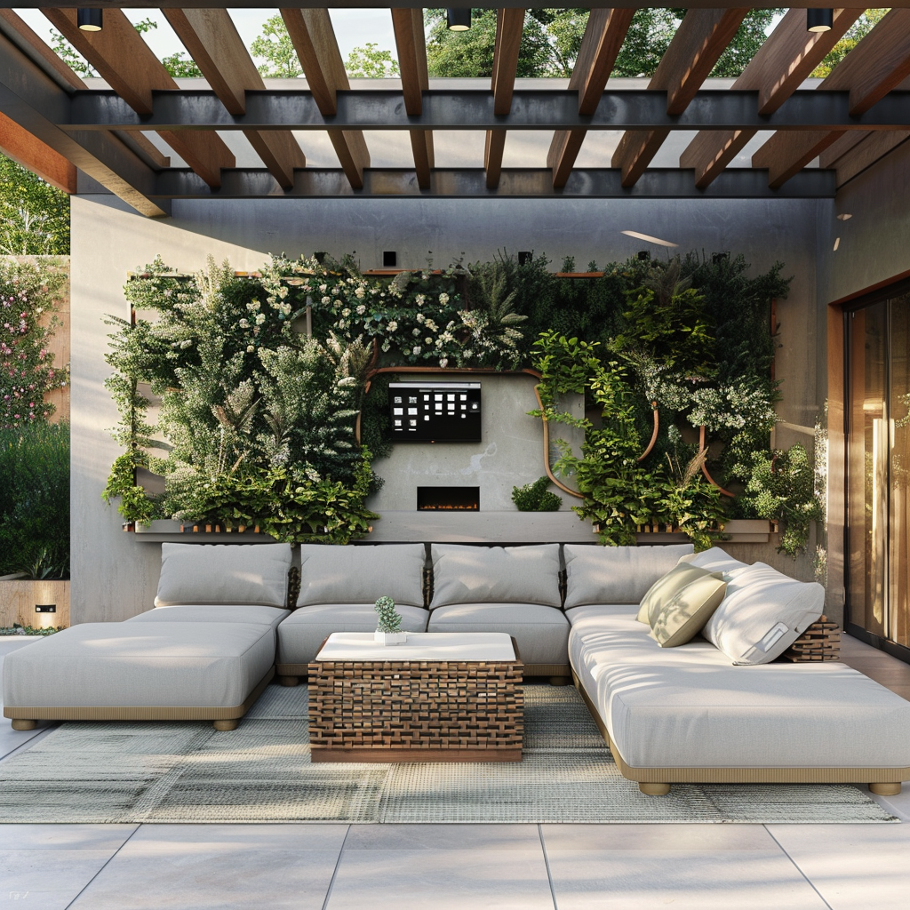 Sophisticated outdoor living room in a modern minimalist style, set in a tranquil garden. Features include a central smart home control panel in a teak wood console, modular light gray sectional sofa, white outdoor coffee table, woven resin rug, LED path lights, recessed pergola lighting, integrated smart fireplace, and a vibrant vertical garden wall. Shot in 8K resolution with a DSLR ensuring color accuracy and sharp focus.