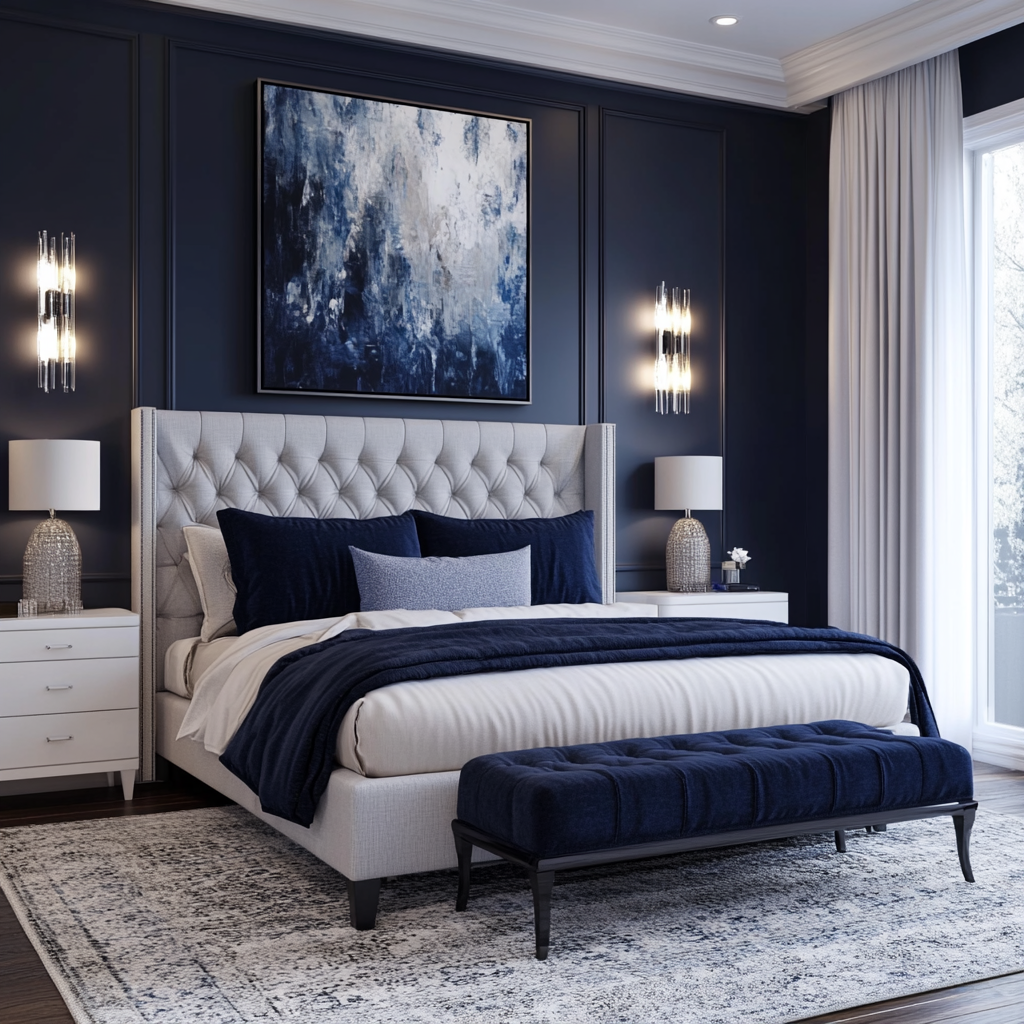 Elegant couple's bedroom with navy blue accent wall, dove grey upholstered headboard on a king-sized bed, white nightstands, navy velvet bench, and natural light through sheer curtains. Rich textures and modern decor presented in photorealistic detail.