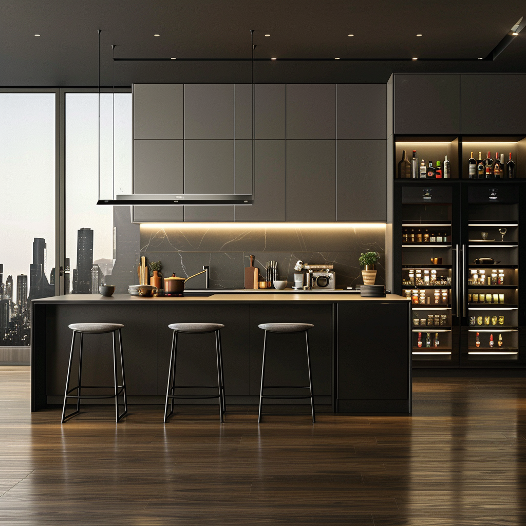 Image of a modern smart kitchen with minimalist design, featuring cool grays and stark whites, matte black accents, handleless cabinetry, an induction cooktop, bar stools, quartz countertops, high-gloss cabinets, and advanced smart technologies.