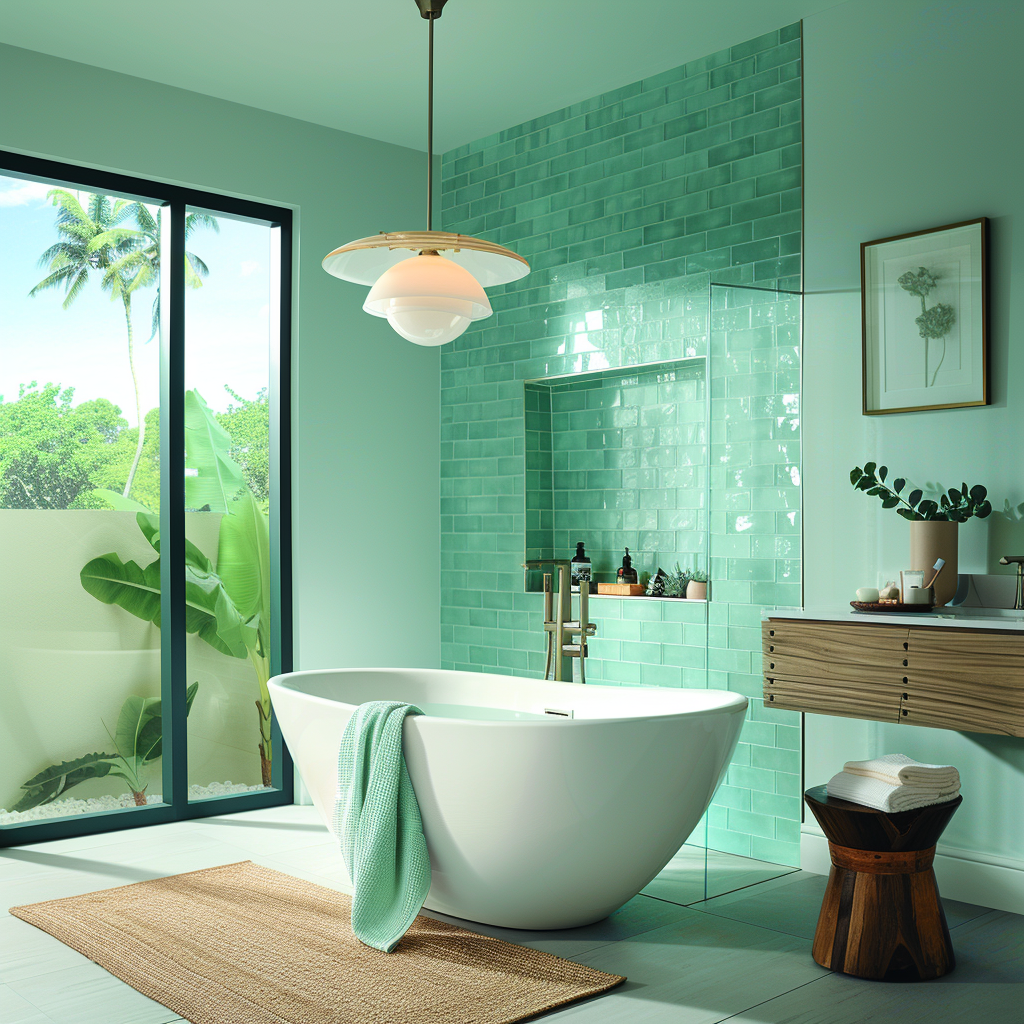 A serene bathroom blending contemporary minimalism and traditional touches, featuring a standalone soaking tub, floating wooden vanity, emerald green tile wall, and floor-to-ceiling windows with soft, natural hues and warm wood details.