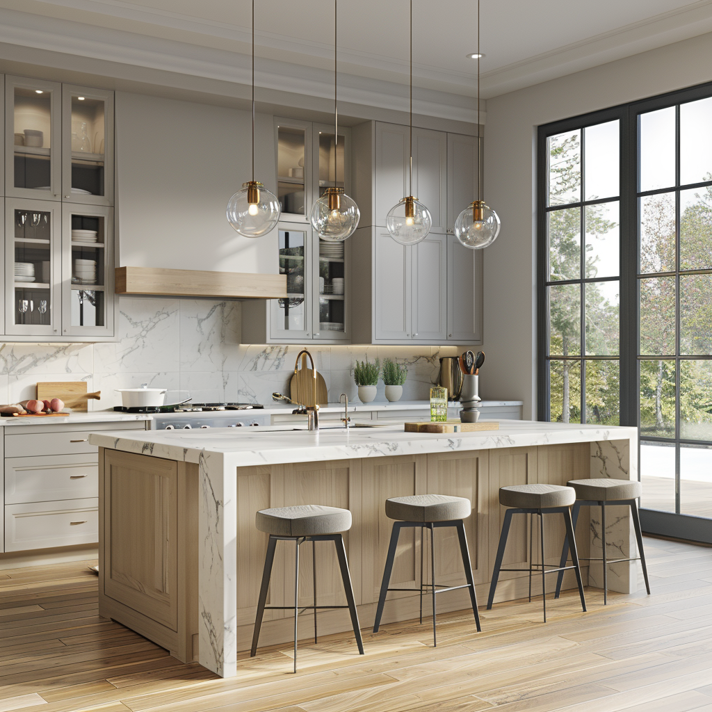 Contemporary kitchen with a large island, featuring soft greys and whites, natural wood tones, sleek bar stools, quartz countertop, wide-plank oak floor, ample natural light, and built-in amenities like a herb garden and charging station.