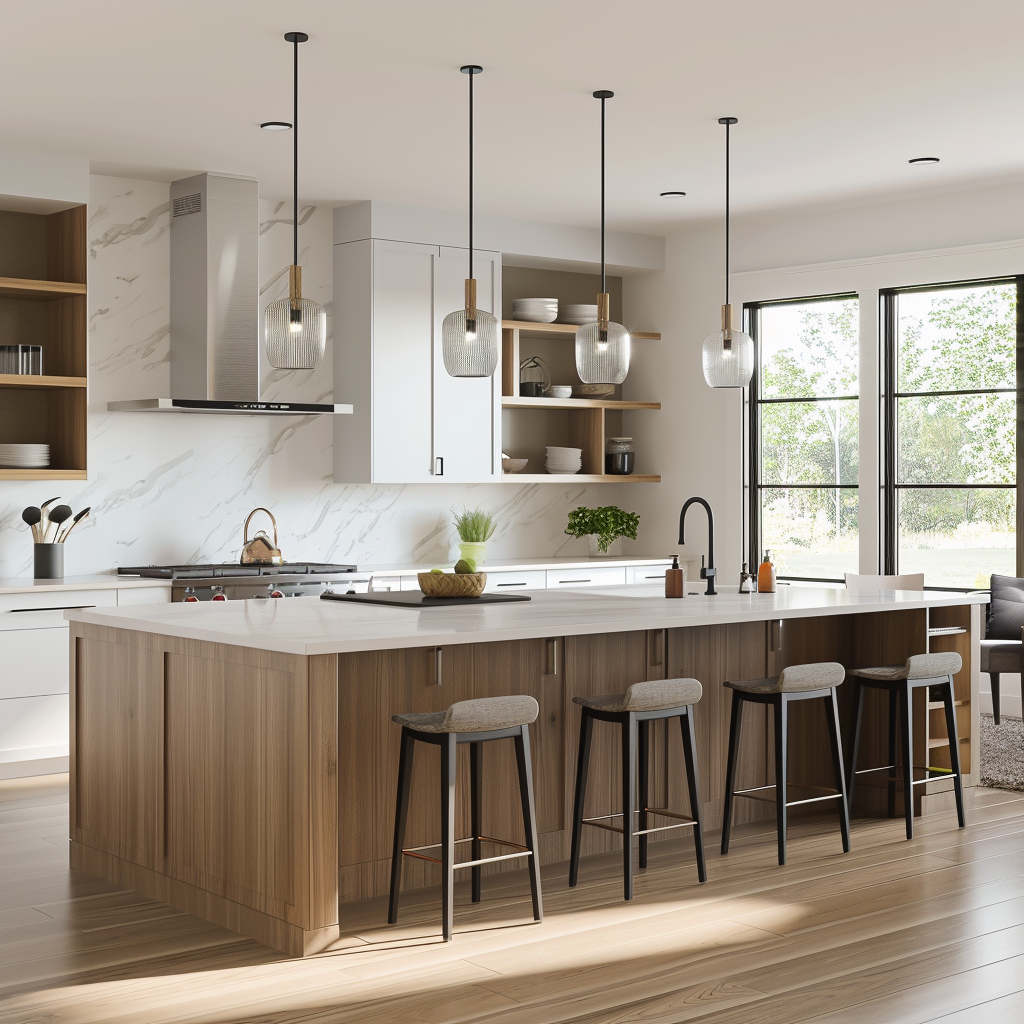 A spacious contemporary minimalist kitchen featuring a large multipurpose island with built-in amenities and seating, in a serene color palette of soft greys, crisp whites, natural wood tones, and a muted green pop. The kitchen includes quartz countertops, lacquered cabinetry, oak floors, and ample natural and artificial lighting, with sleek bar stools and unique features like a built-in herb garden and charging station.