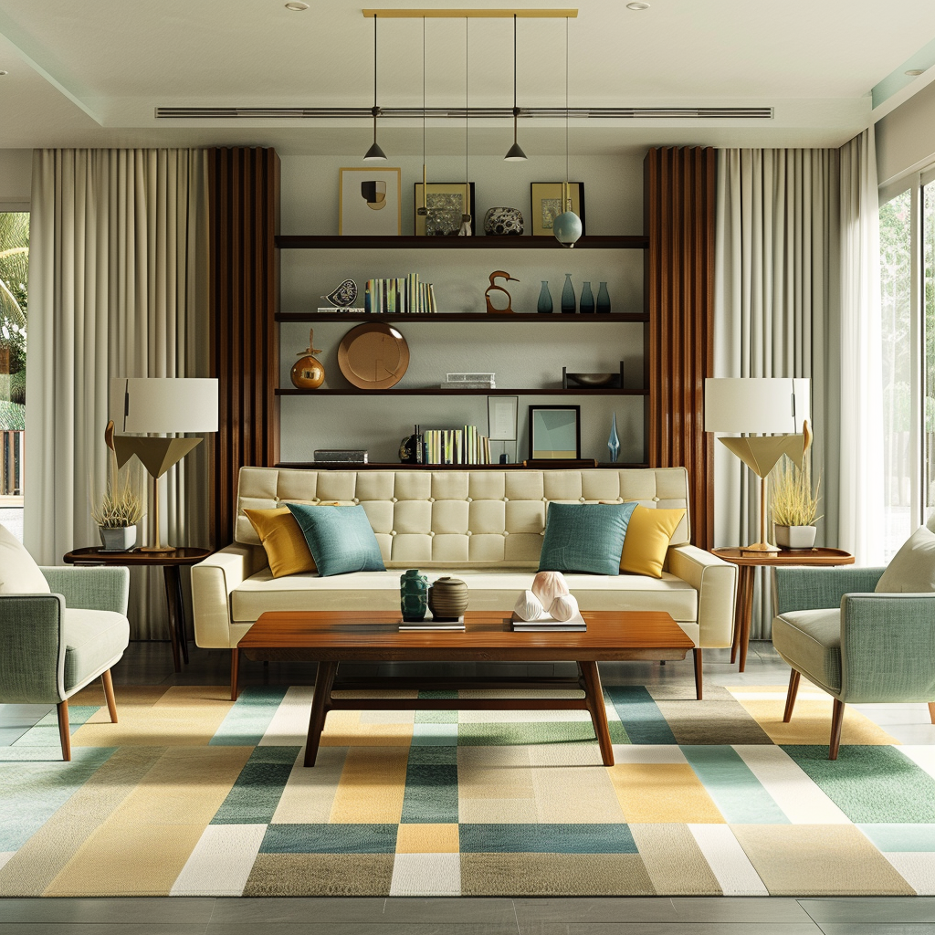 A spacious living room blending mid-century charm and modern elegance, featuring a teak wood sofa, geometric rug, modern armchairs, and large windows with sheer drapes. Natural light fills the room, highlighting a mix of warm and cool tones and a wall-mounted shelving unit with ceramics and art.