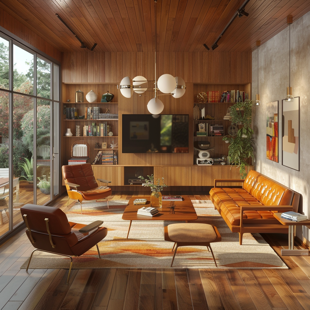 A spacious mid-century modern living room with a wall-mounted flat-screen TV, low-profile tufted leather sofa, Eames lounge chairs, Noguchi coffee table, and natural light streaming from large windows. Decor includes a built-in bookcase and abstract art.