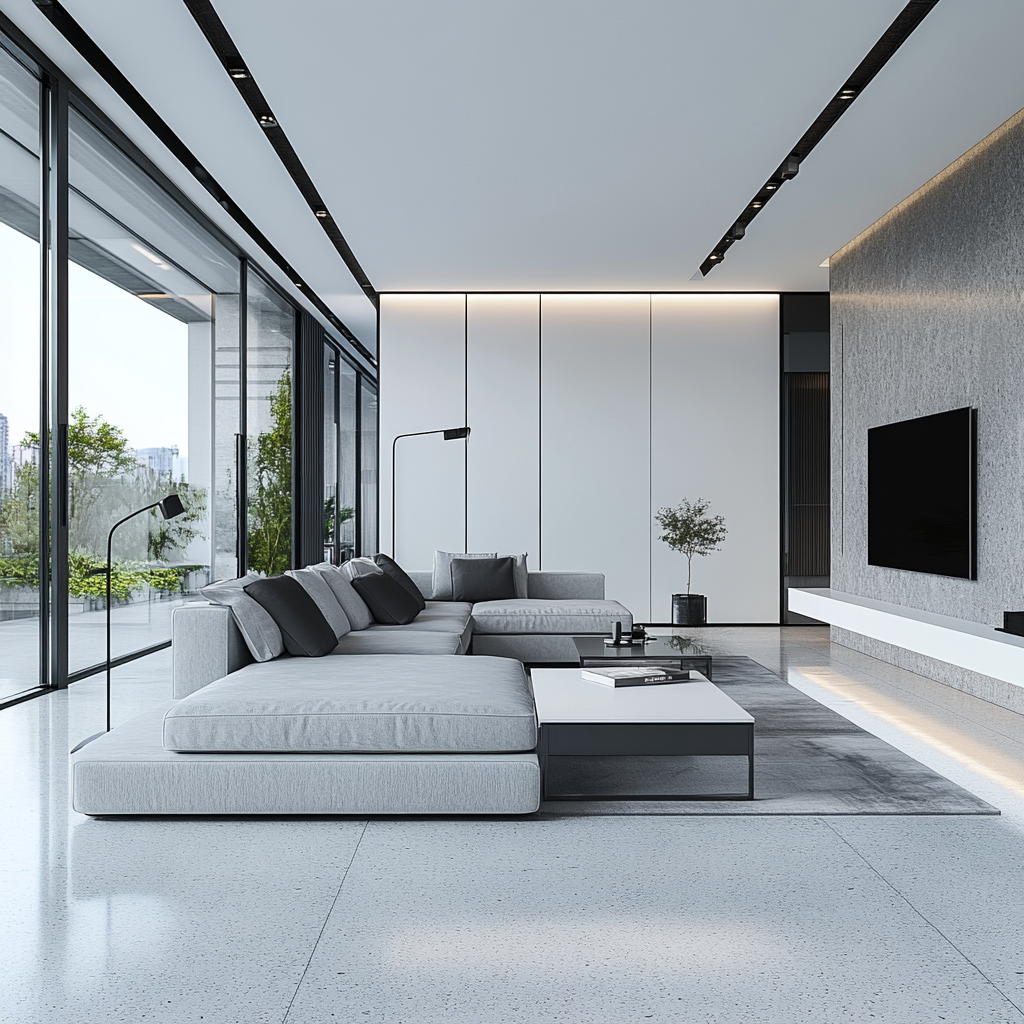 Modern living room with clean lines, monochromatic color palette, light gray sectional sofa, white geometric coffee table, black side tables, abstract art, floor-to-ceiling windows, polished concrete floors, dark gray area rug, sculptural floor lamp, and vertical indoor garden.