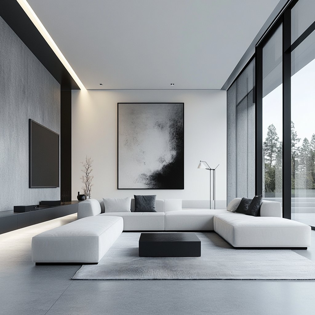 Modern living room with clean lines, featuring a light gray sectional sofa, matte black tables, abstract art, and a vertical indoor garden, accented by natural and recessed lighting.