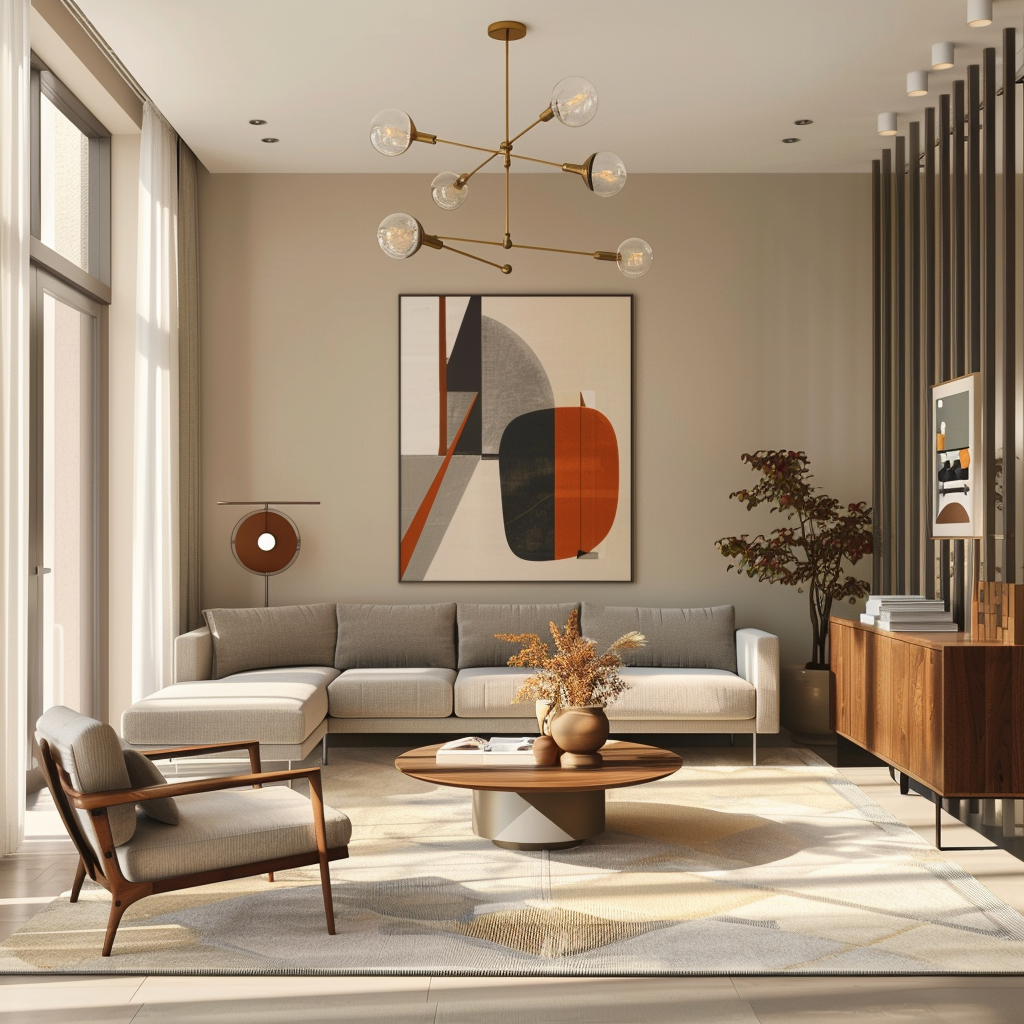 Photorealistic image of a spacious modern mid-century living room with a neutral color palette, accented by vibrant pops of color. Showcasing iconic furniture pieces, ample natural light, and elegant decor, captured in 8K resolution.