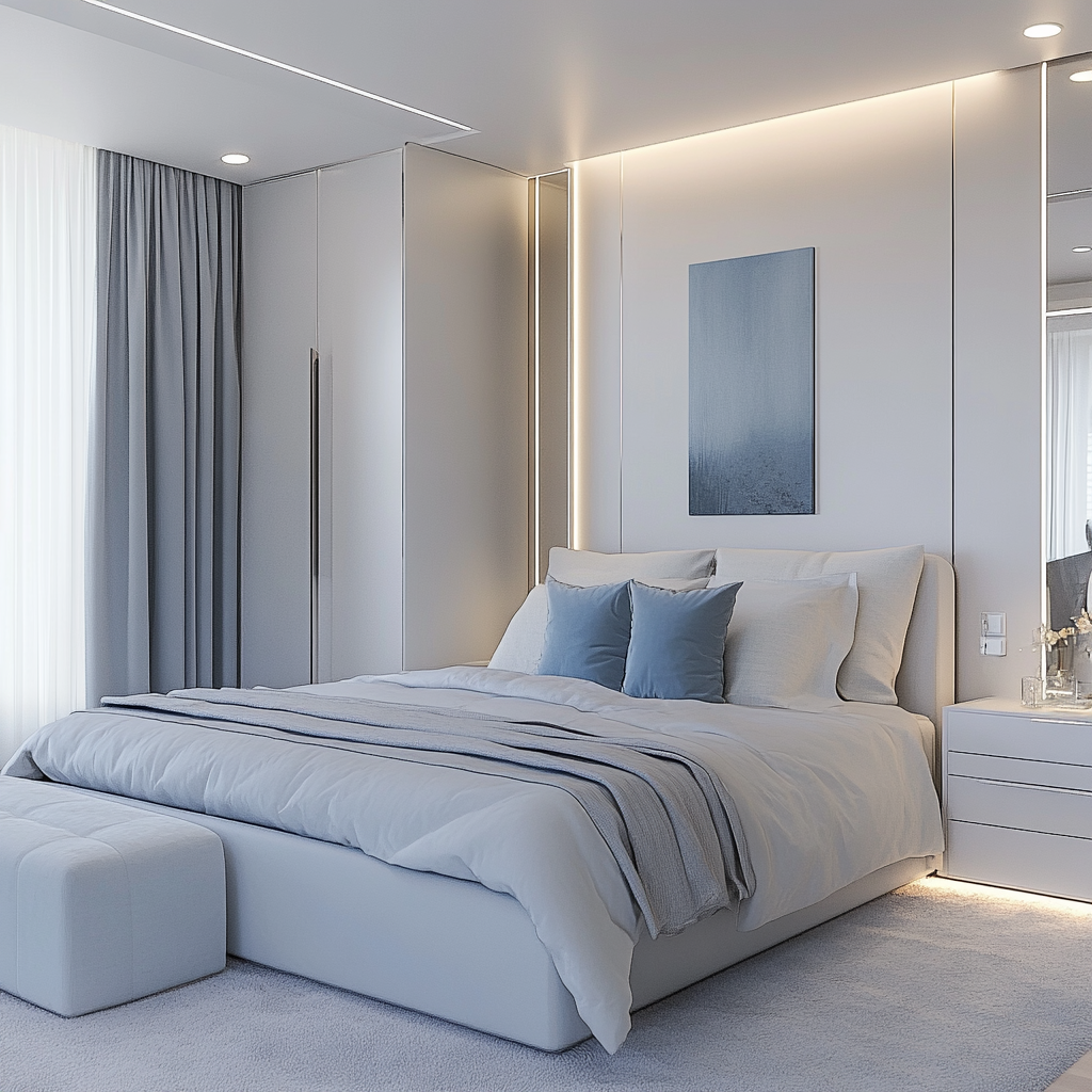 Modern minimalist bedroom in a small apartment with a queen-sized bed, floating nightstands, sleek loveseat, large mirror, and ample natural light, designed to create a spacious and serene atmosphere.