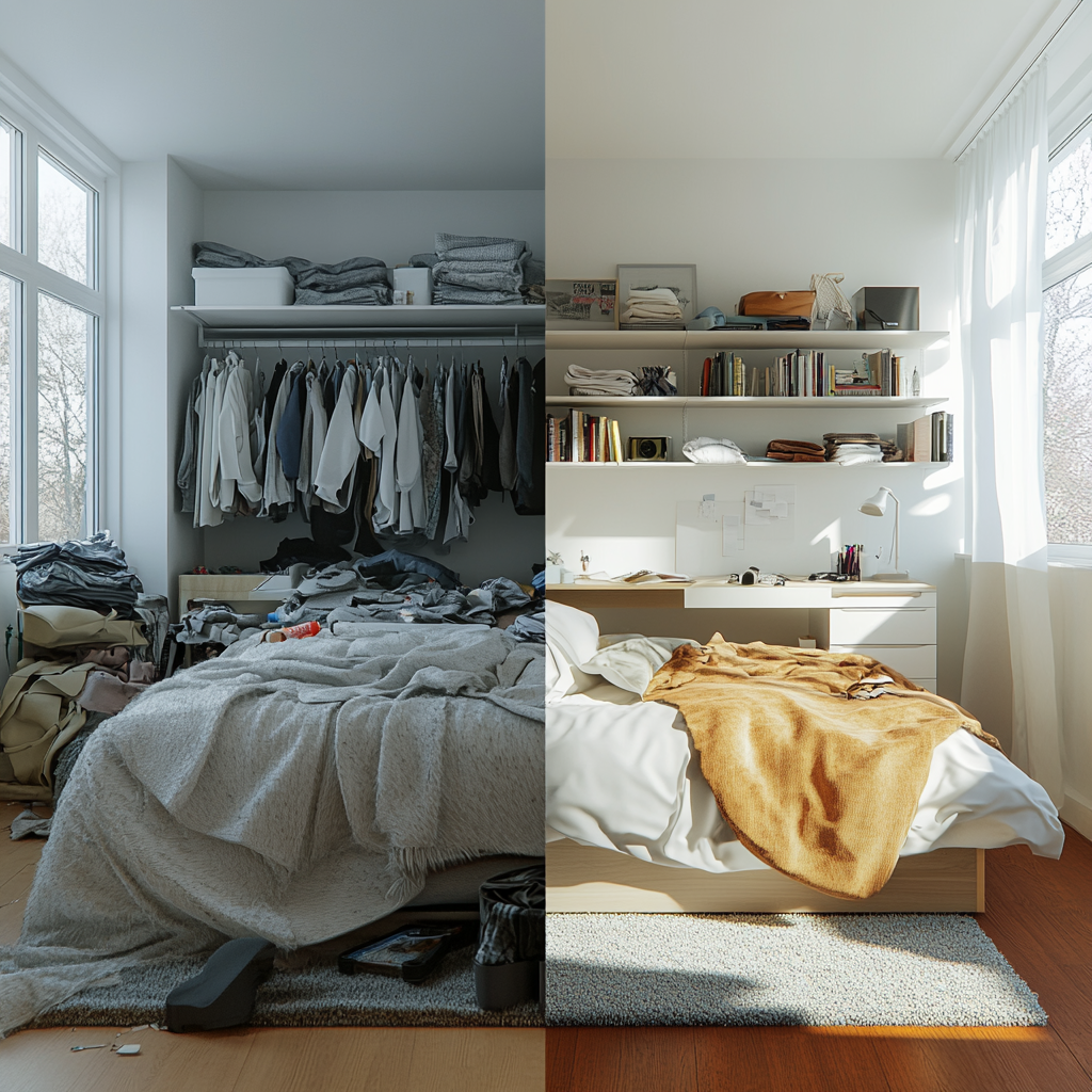 Split-view photorealistic image contrasting a cluttered bedroom on the left with a well-organized one on the right, both in modern minimalist style with white and gray colors, featuring full-size beds, slim desks, and compact dressers, captured with natural sunlight highlighting each room's organization.