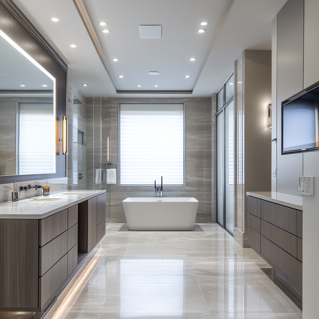 Luxury bathroom with modern minimalist design featuring a floating white vanity, freestanding tub under frosted window, and walk-in shower with frameless glass. Monochromatic colors with matte black and chrome accents, recessed LED lighting, honed marble tiles, and quartz countertops. Includes a waterproof entertainment system with a recessed TV and ceiling-integrated speakers.