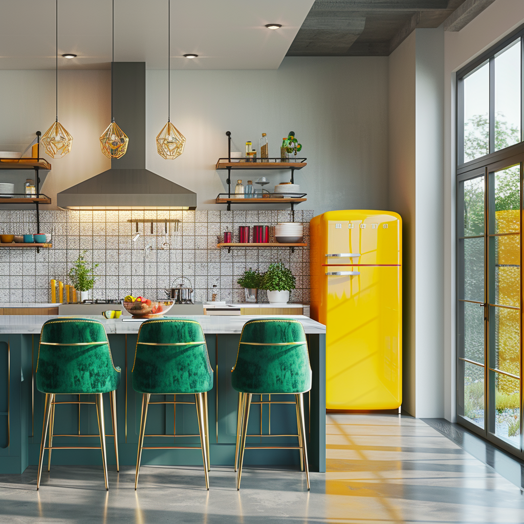 Photorealistic interior of a spacious modern kitchen with 2024 'Color Pop Revolution' trend, featuring a white quartz-topped island, emerald green bar stools, sapphire blue shelves, and a canary yellow retro refrigerator set against a white wall.