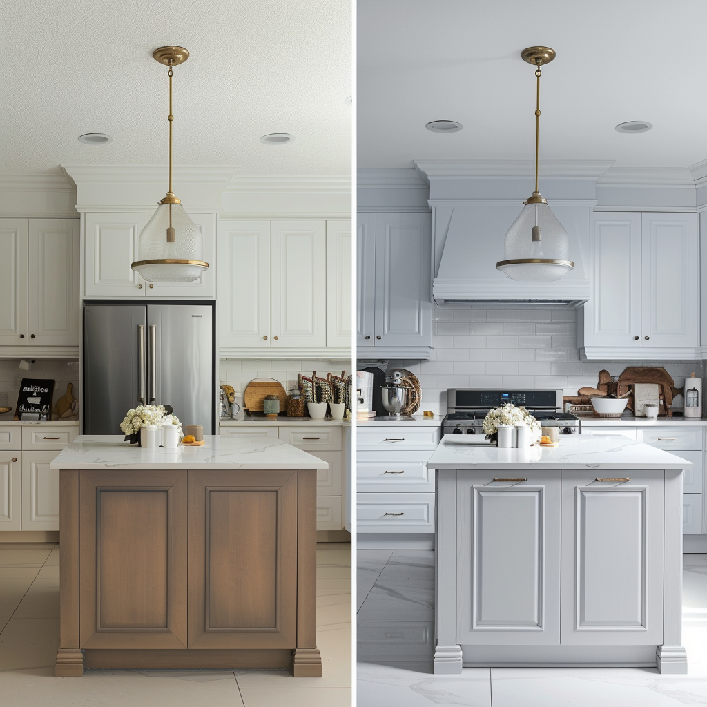 Side-by-side images of a kitchen transformation. The left image shows a traditional kitchen with beige and brown colors, oak wood cabinets, a basic white refrigerator, and dim lighting. The right image reveals a modern kitchen with white and gray colors, sleek white cabinetry, a central waterfall-edge quartz island, high-end stainless steel appliances, recessed and pendant lighting, and polished concrete floors.