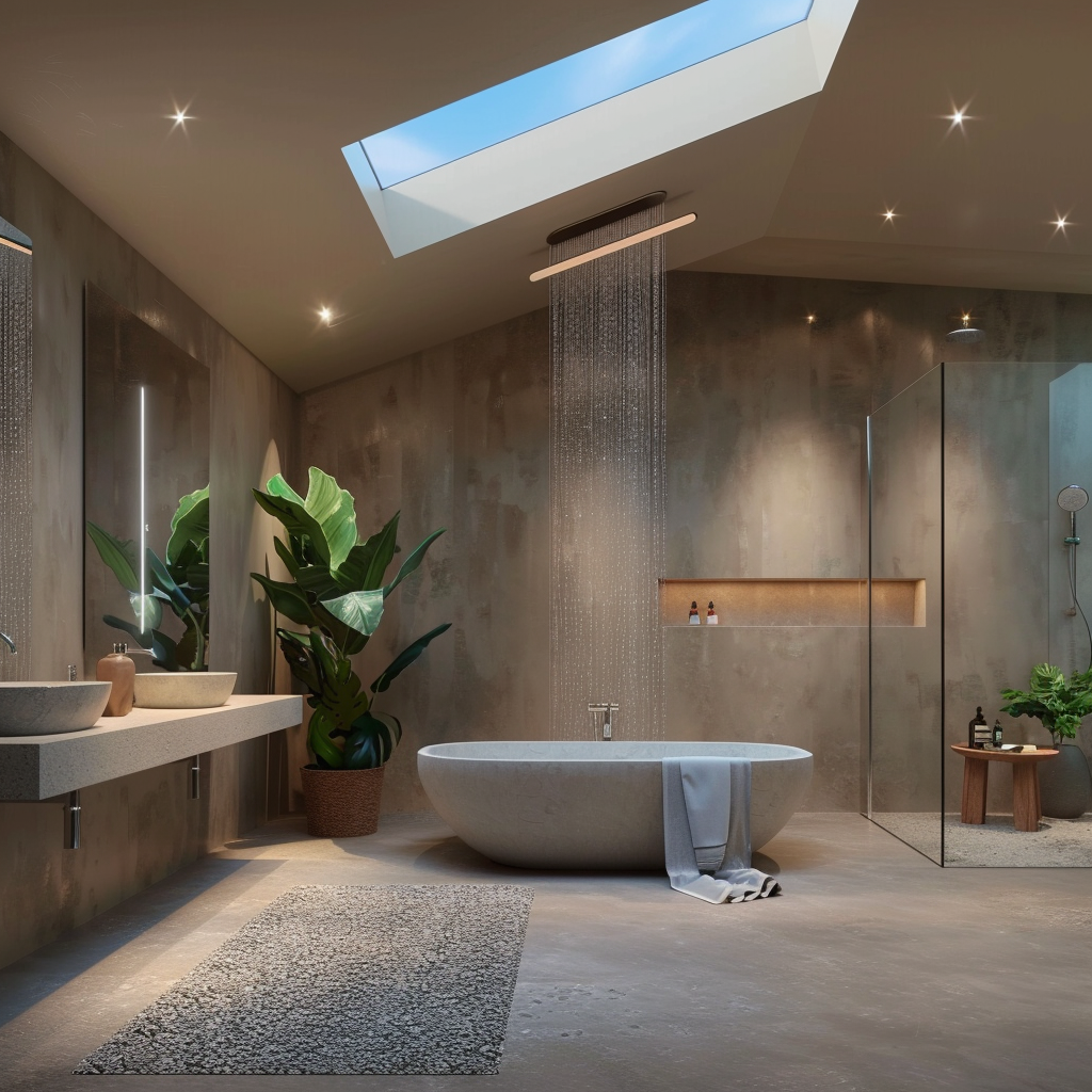 A spacious mid-century modern bathroom with a freestanding bathtub under a skylight, sleek wall-mounted vanity with integrated sinks, and a custom glass-enclosed rain shower, captured in photorealistic 8K resolution.