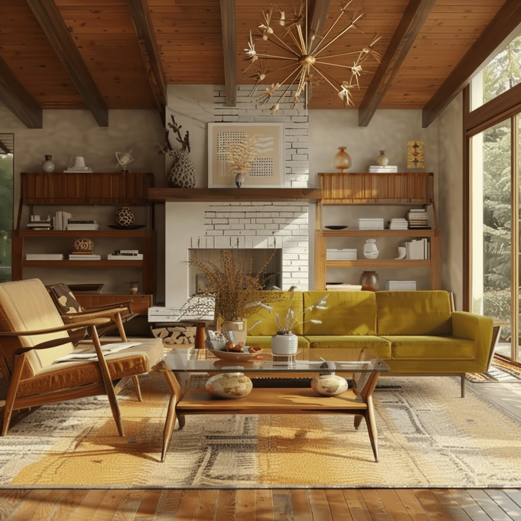 Mid-century modern living room with clean lines, warm wood tones, and a primary palette of olive green, mustard yellow, and burnt orange. Features include a low-profile couch, Eames lounge chair, Noguchi coffee table, modular shelving, floor-to-ceiling windows, starburst chandeliers, and Arco-style floor lamps.