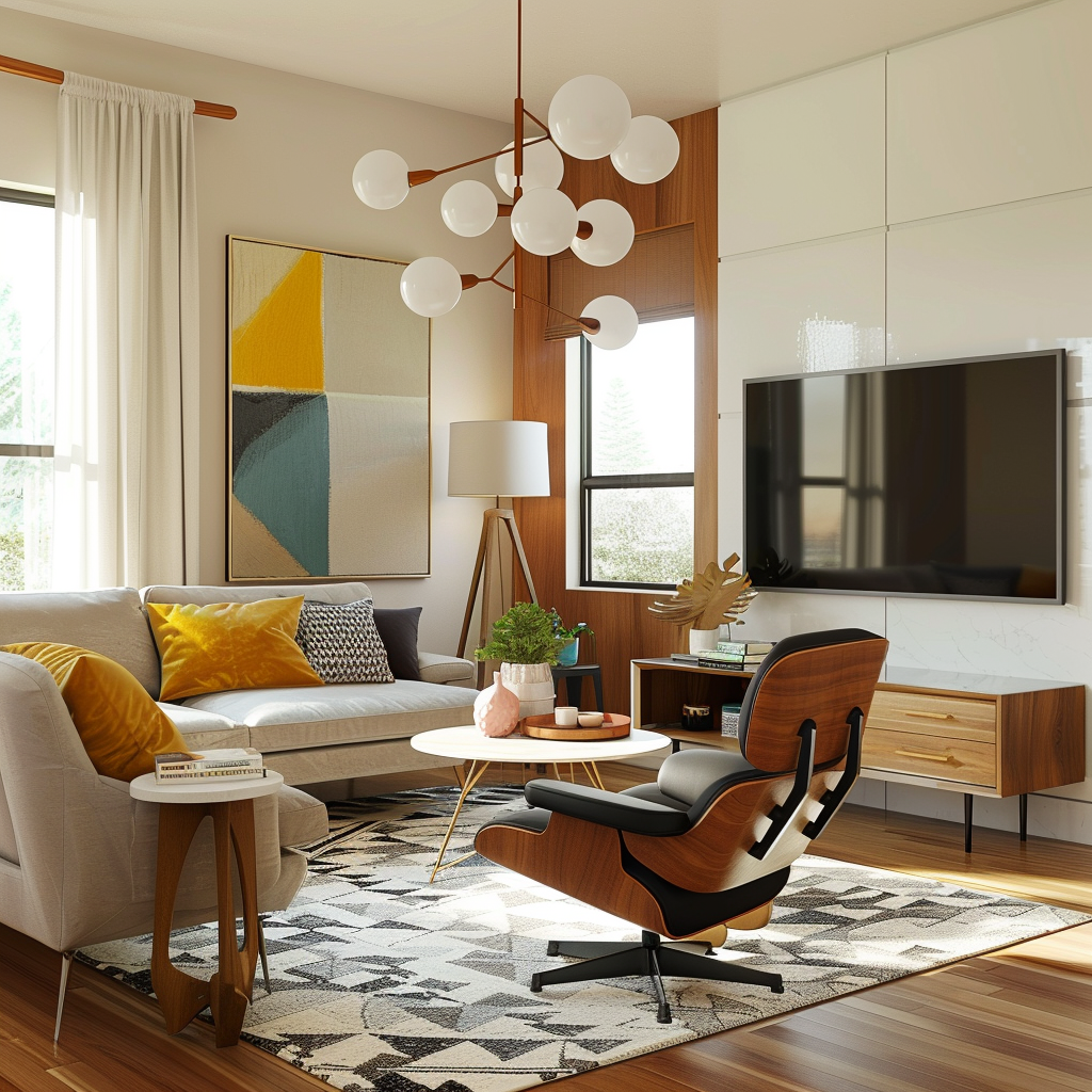 Photorealistic 8K image of a mid-century modern living room with contemporary elements, featuring a walnut Eames lounge chair, a grey sofa, a white marble coffee table, and a gallery wall of abstract art. Natural light from large windows and a Sputnik chandelier illuminate the space.