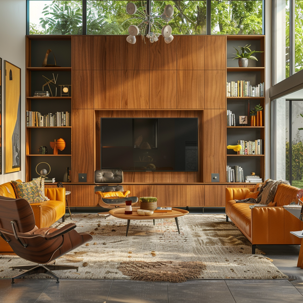 Spacious mid-century modern living room featuring a wall-mounted flat-screen TV, tufted leather sofa, Eames lounge chairs, Noguchi coffee table, abundant natural light from floor-to-ceiling windows, and warm, earthy colors.