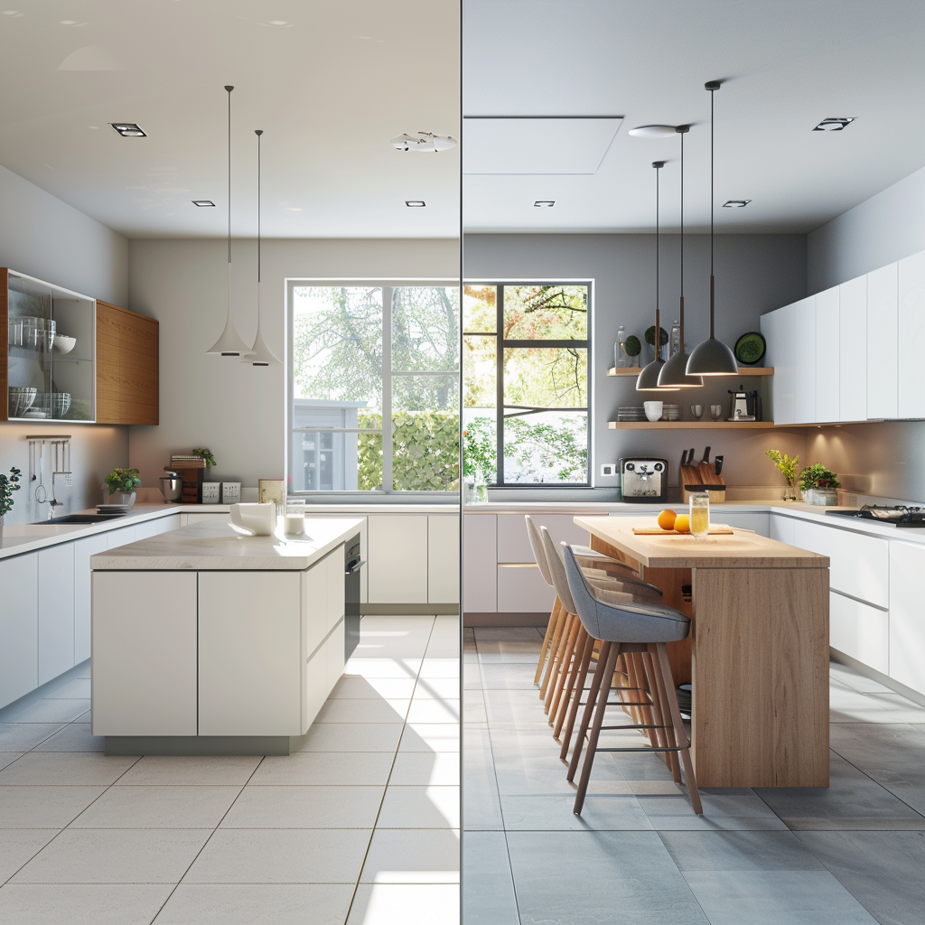 Before and after comparison of a Scandinavian kitchen transformation. The modernized kitchen features white cabinetry, a light wooden island countertop, Scandinavian-style chairs, floating shelves with minimal décor, a geometric backsplash, and potted plants, all illuminated by natural light from large windows and pendant lamps.