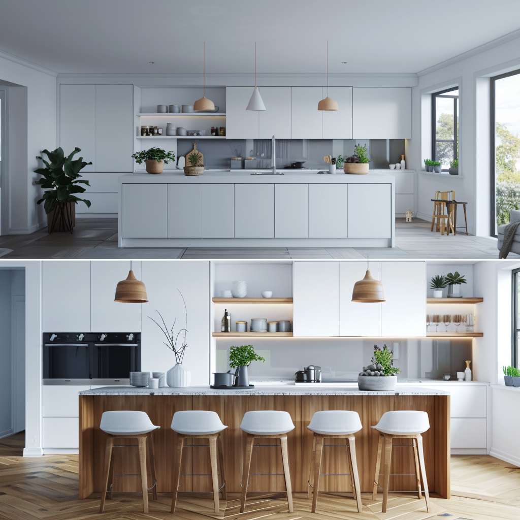 Side-by-side comparison of a kitchen transformation, highlighting the change from cluttered and outdated to a clean, modern Scandinavian design with white cabinetry, light wooden countertops, floating shelves, and natural lighting.