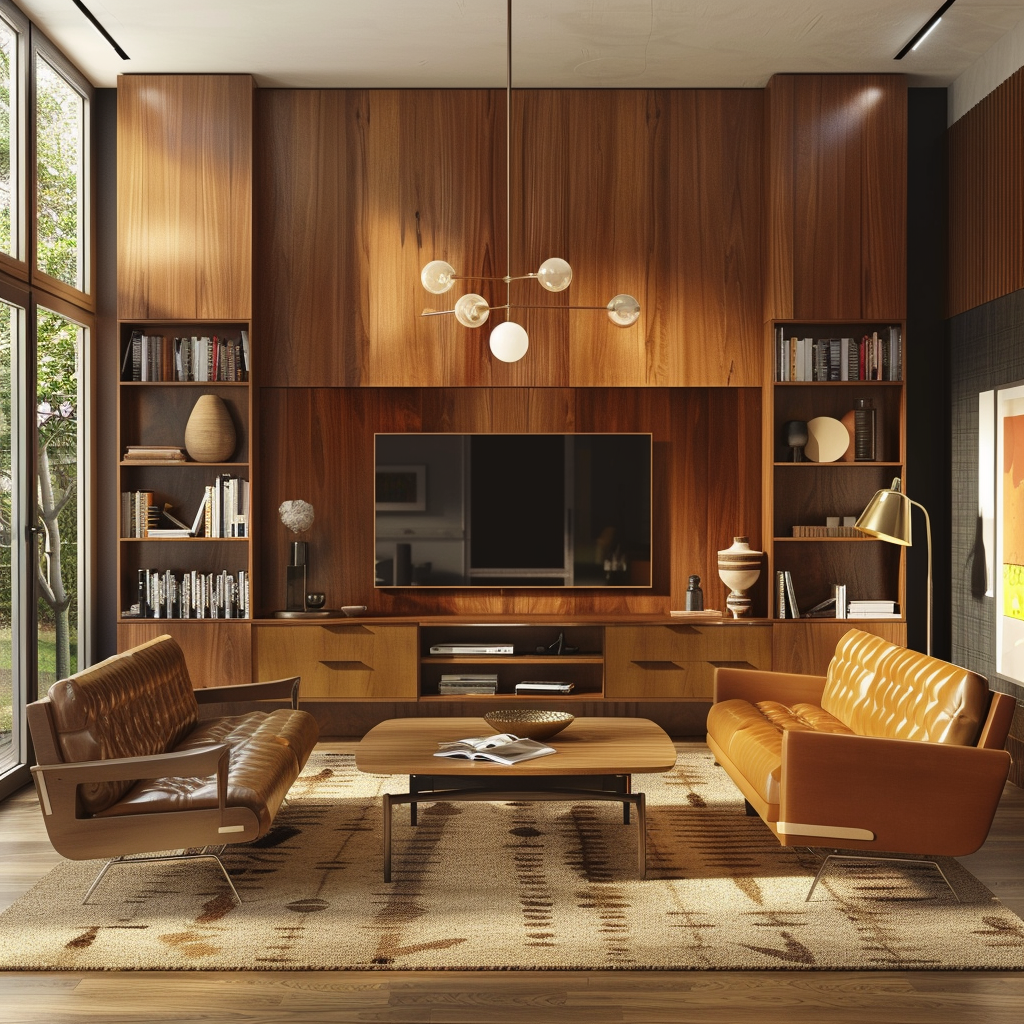 Mid-century modern living room with wall-mounted TV, leather sofa, Eames chairs, Noguchi coffee table, floor-to-ceiling windows, and warm earthy tones.