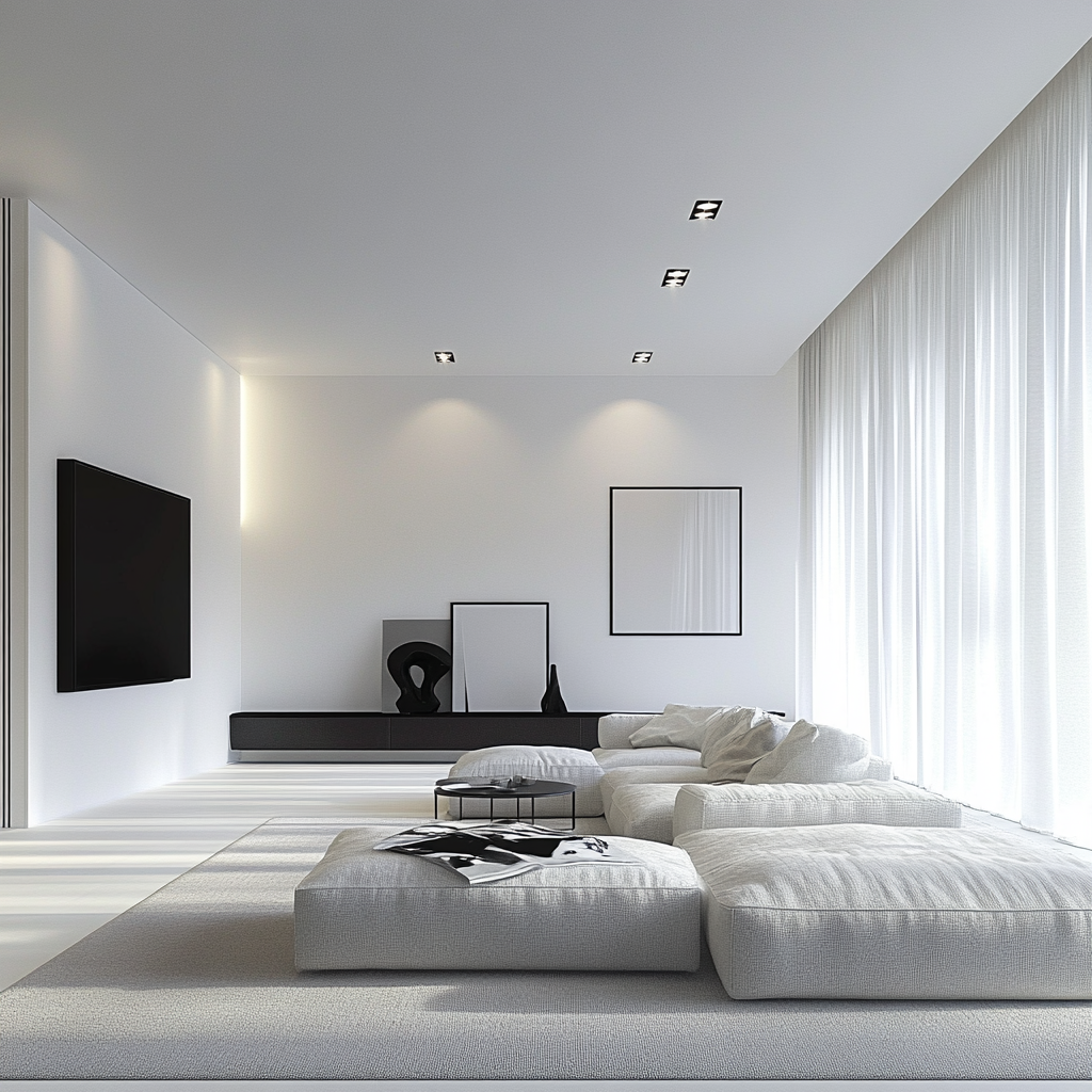 A spacious minimalist living room with a monochromatic palette of matte white, shades of gray, and blacks. Featuring a modular sectional sofa, sleek media console, and minimalist decor captured in fine detail with natural lighting.