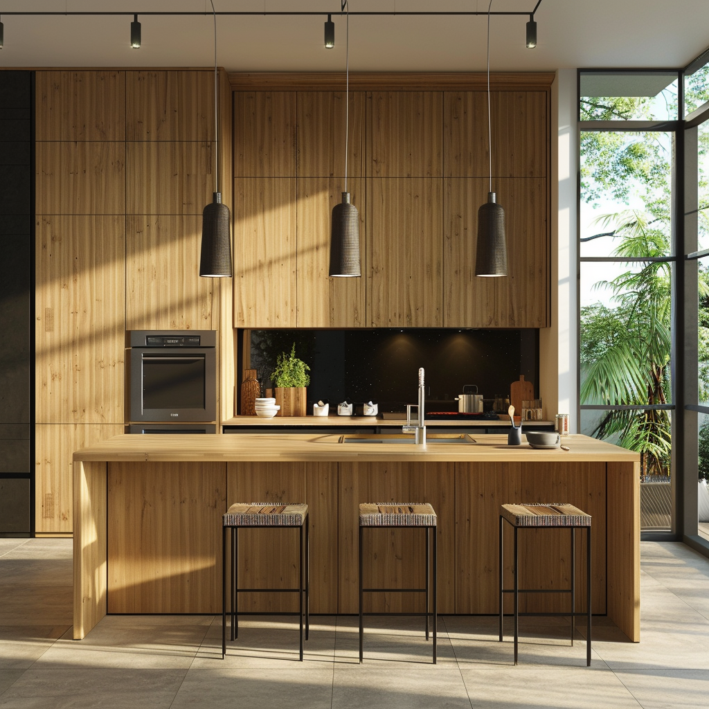 Modern minimalist kitchen with bamboo countertops, reclaimed wood cabinetry, off-white walls, and matte black accents. Featuring a central island, recycled material bar stools, large window, and stainless steel appliances under natural and LED lighting.