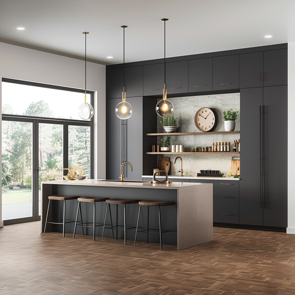 Photorealistic modern minimalist kitchen in 8K resolution, with charcoal gray cabinets, cork flooring, white quartz island, frosted glass pendant lights, and eco-friendly decor elements including a statement wall clock made from upcycled materials.