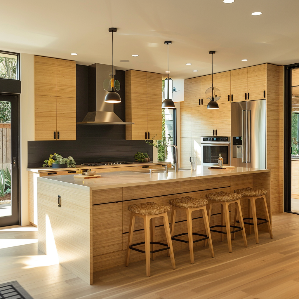 Modern minimalist kitchen with bamboo countertops, reclaimed wood cabinets, stainless steel appliances, and recycled material bar stools under pendant lighting. Natural and LED lights illuminate the space, highlighting earthy hues and clean lines.