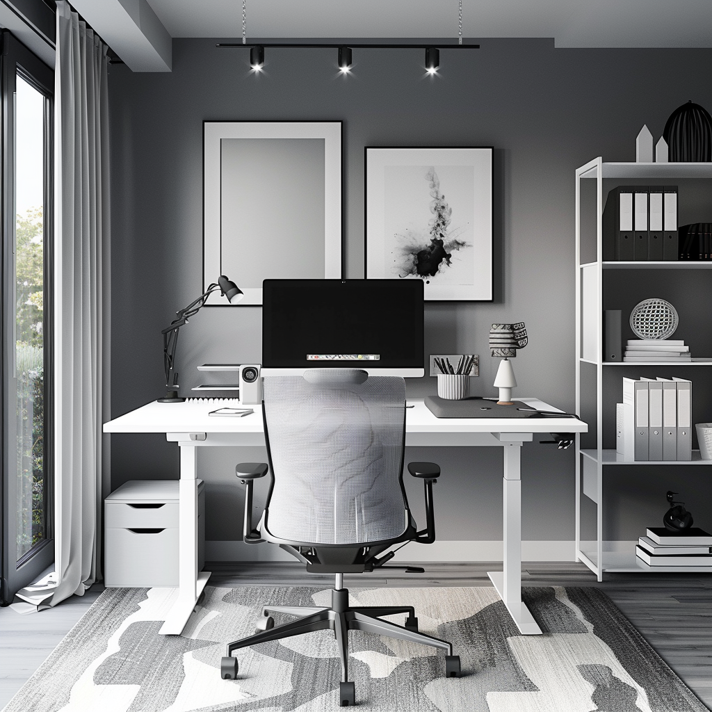 A minimalist modern office with a sleek white standing desk, ergonomic chair, matte-gray shelving units, and compact mobile filing cabinet under the desk. The office features an ultra-thin frameless smart monitor on the wall, wireless noise-cancelling headphones, and a high-end keyboard and mouse. The space includes a mix of smooth, matte finishes and a soft, geometric-patterned rug, illuminated by natural light and matte-black track lighting.