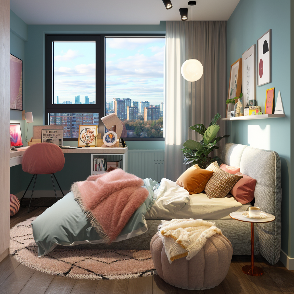 A contemporary Bohemian teen bedroom makeover featuring a soft teal accent wall with framed art, a sleek white platform bed, a mid-century modern desk, a plush armchair with a reading lamp, and natural light flooding through large windows, showcasing a harmonious blend of coral pink, mustard yellow, and warm grey accents.