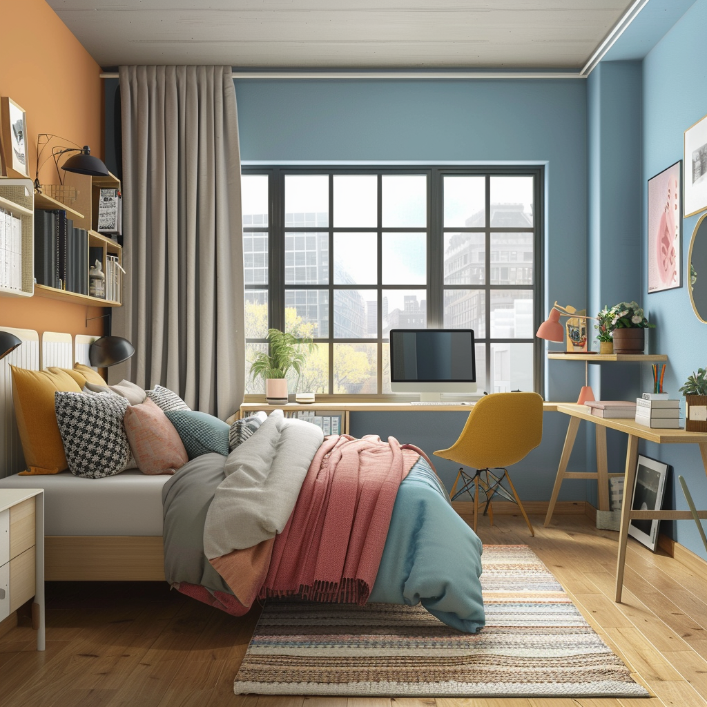 Photorealistic image of a contemporary Bohemian teen bedroom with a muted teal color scheme, featuring a white platform bed, mid-century modern desk, plush armchair, and accent lighting, surrounded by coral pink, mustard yellow, and warm grey decor accents.