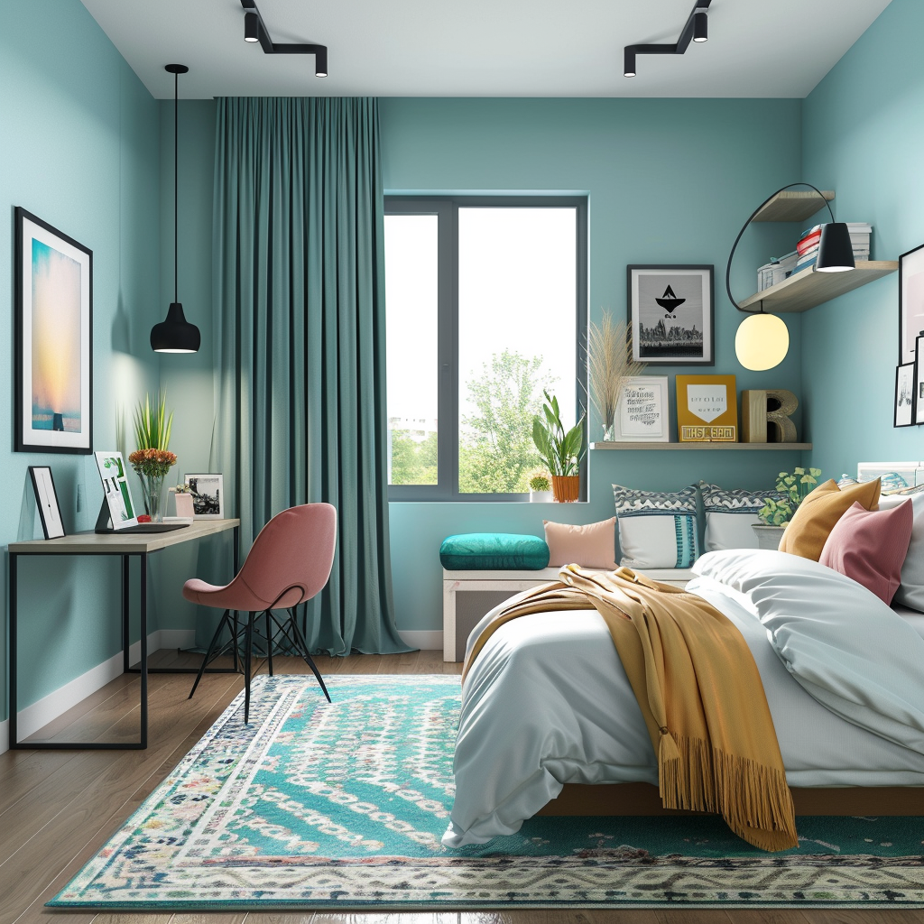 A contemporary teen bedroom featuring a white platform bed, mid-century modern desk, plush armchair with a reading lamp, and open shelving. The room has a color scheme of muted teal, coral pink, mustard yellow, and warm grey, with natural lighting from large windows and warm LED overhead lights. The decor includes natural wood textures, a soft area rug, and linen curtains, with an accent wall displaying a collage of art prints and photographs that reflect the teen's personality.