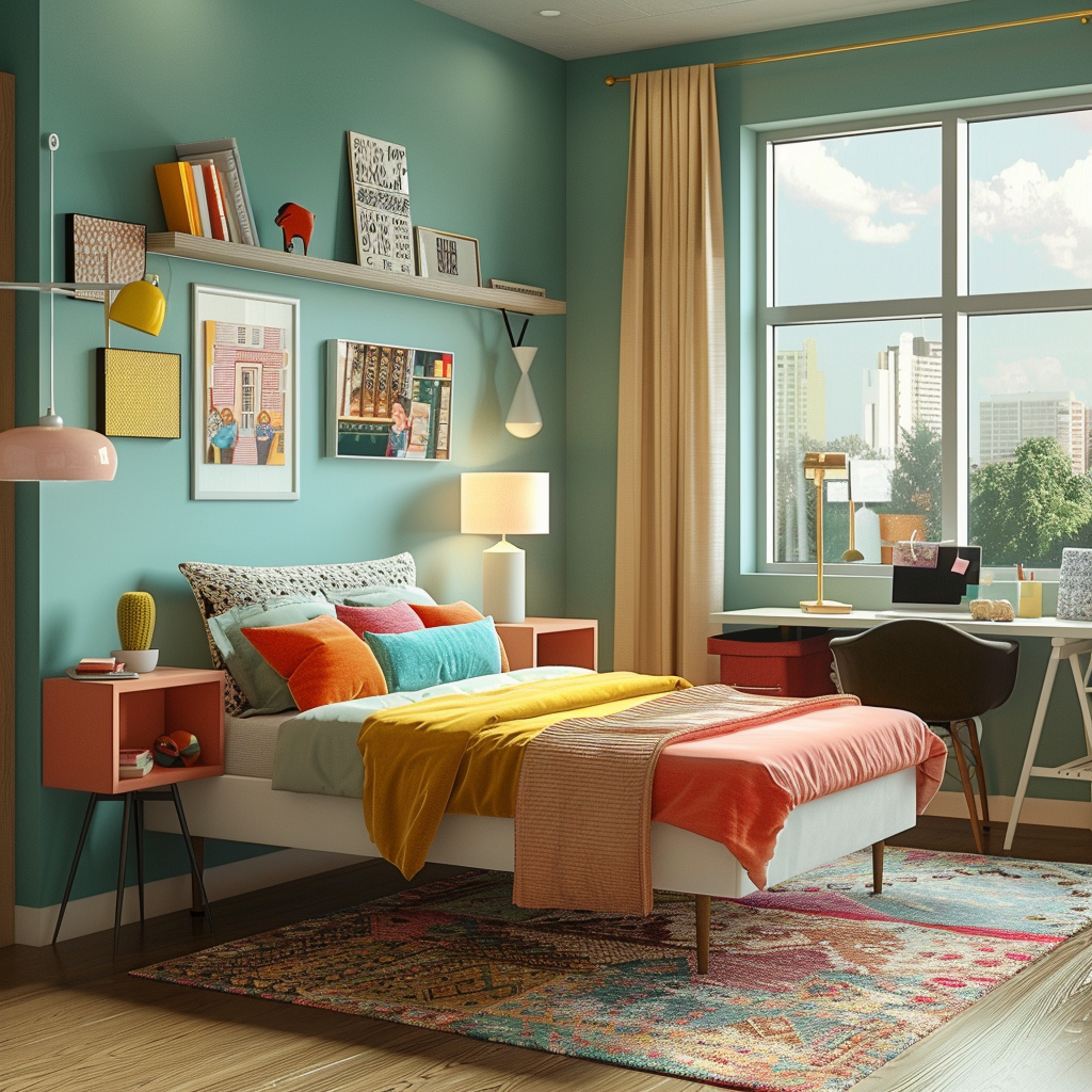 Photorealistic image of a contemporary teen bedroom with Bohemian flair, featuring a muted teal color scheme, white platform bed, mid-century modern desk, plush armchair, and ample natural lighting.