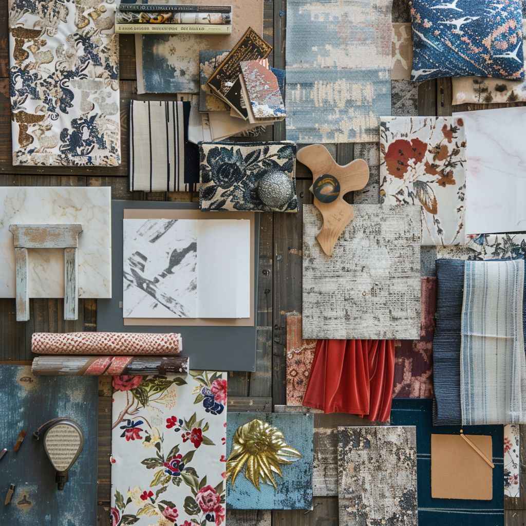 Mood board presenting teen bedroom themes like Bohemian Eclectic, Modern Minimalist, Vintage Charm, and Sporty Chic in an 8K resolution image captured under soft natural light, showcasing textures, color swatches, and decor elements.