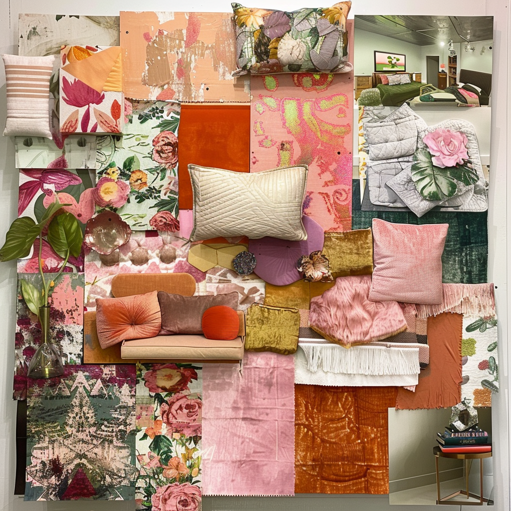 A collage-style mood board in 8K resolution displaying four teen bedroom themes: Bohemian Eclectic, Modern Minimalist, Vintage Charm, and Sporty Chic. Each section features relevant colors, textures, and decor elements, photographed under soft natural light for vibrant, true colors.