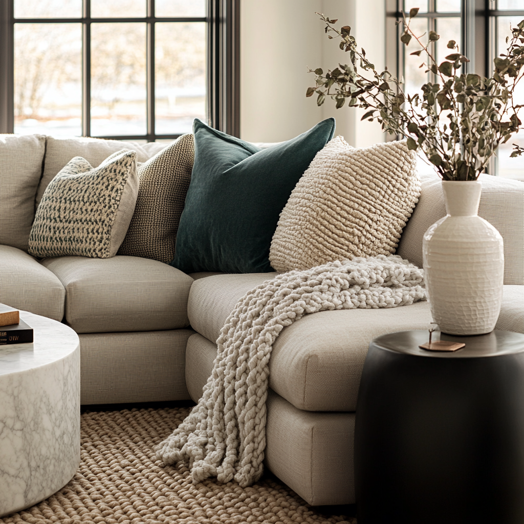 Close-up of a modern living room featuring a light gray sectional sofa with off-white woven and teal velvet throw pillows, a chunky knit wool blanket, a black metal side table with a white marble top, hardwood floor, wool rug, and a frosted glass vase with eucalyptus branches, highlighted by natural light.