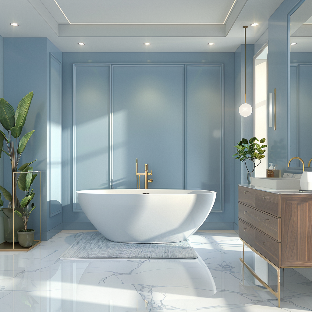 Photorealistic image of a luxurious minimalist bathroom with calming tones, featuring a freestanding soaking tub, floating vanity, natural light, artificial warm lighting, honed marble tiles, and natural wood elements.