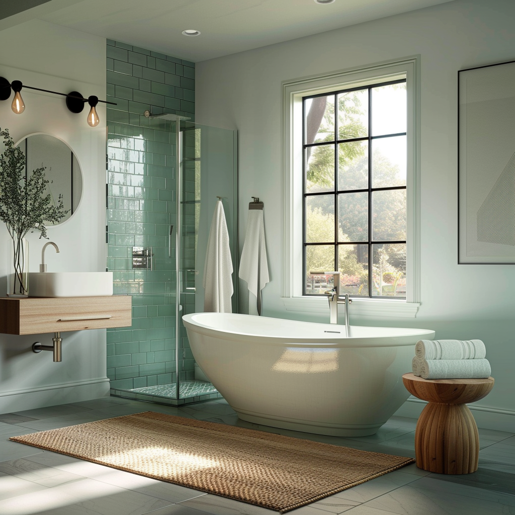 Tranquil and refined bathroom with standalone soaking tub, floating wooden vanity, emerald green tile wall, and floor-to-ceiling windows. Captured in hyper-realistic 8K resolution with natural and soft ceiling lighting.