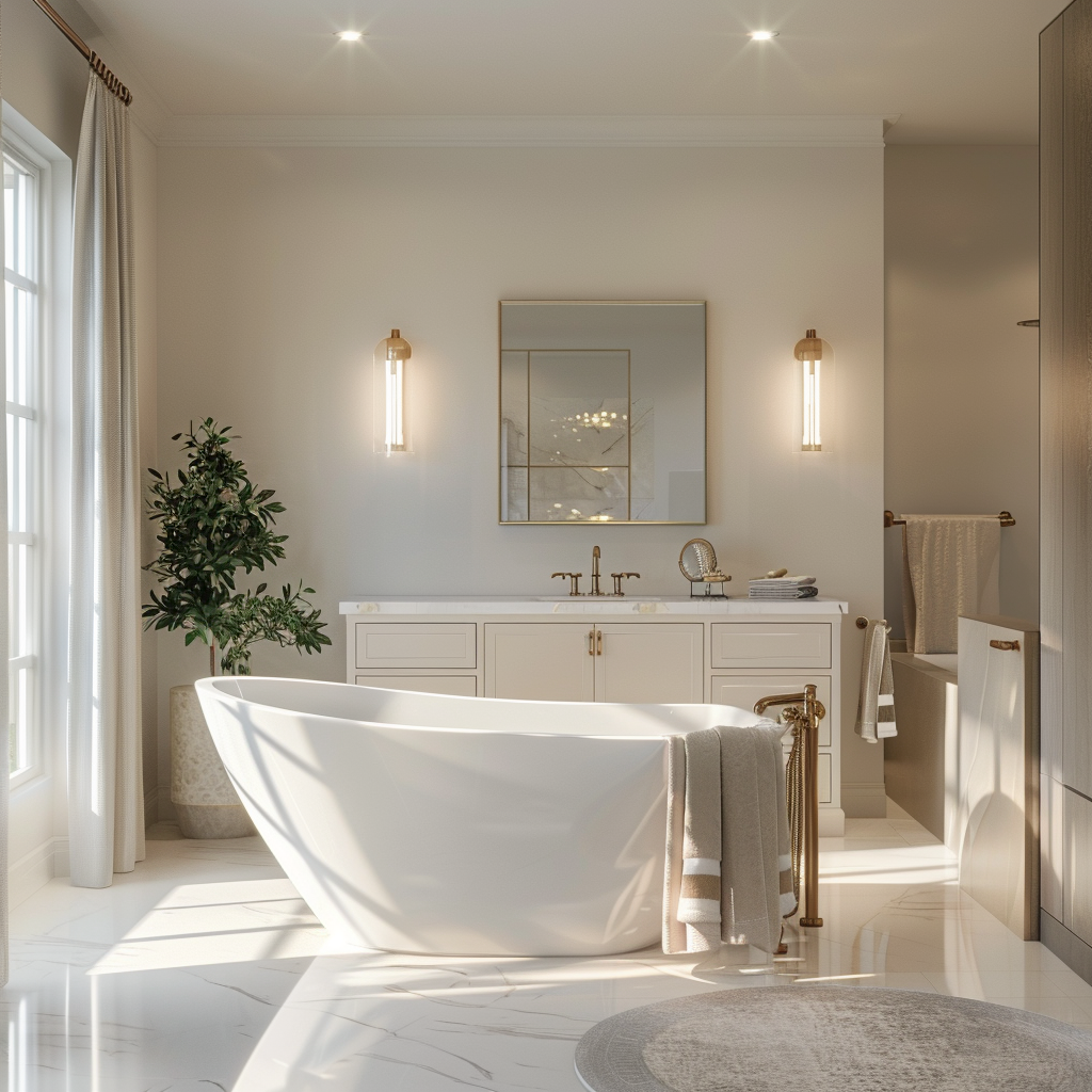 Luxury contemporary minimalist bathroom with soft blue, gray, and white tones, featuring a freestanding soaking tub, floating vanity, marble tiles, natural wood elements, frosted glass window, warm lighting, and indoor plants.