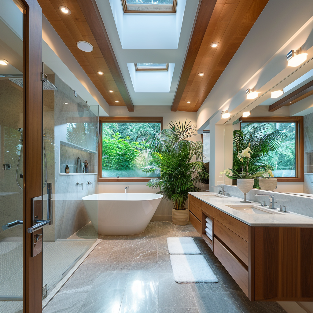 Spacious mid-century modern bathroom with freestanding bathtub under a skylight, sleek vanity, recessed LED lights, polished concrete floors, terrazzo countertops, matte ceramic tiles, and a custom rain shower, photographed in 8K resolution.