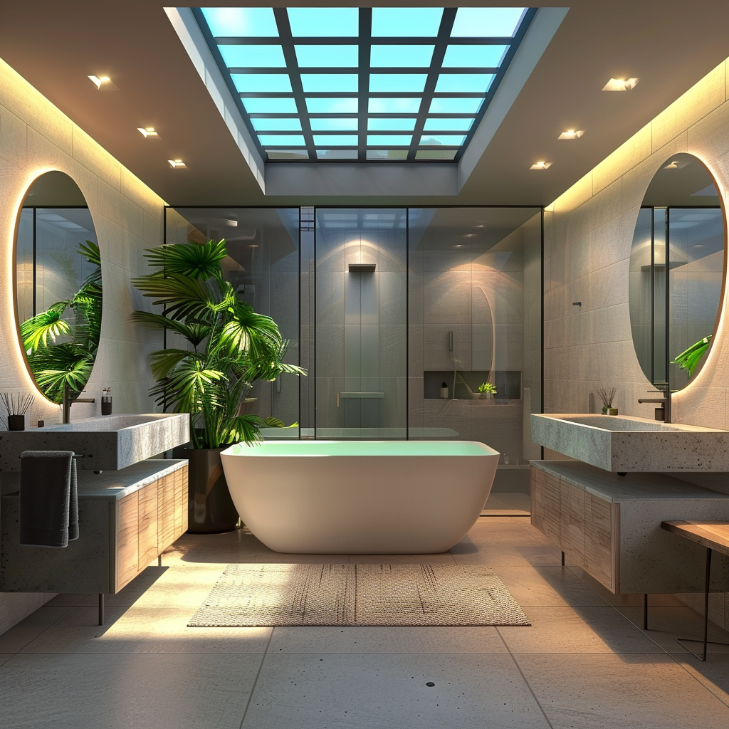 Spacious mid-century modern bathroom with a sculptural bathtub, neutral color palette, warm and cool accents, sleek vanity with frameless mirrors, recessed and vertical LED lighting, waterproof accent lighting in the shower, and a large potted fern in the corner. Captured in 8K resolution.