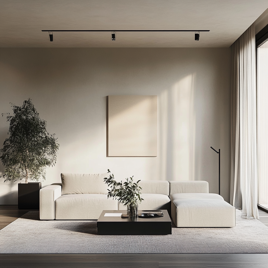 A sleek minimalist modern living room with a light gray modular sofa, black metal-frame coffee table with a glass top, and large windows flooding the space with natural light. The room is decorated in neutral tones and features a wall-mounted matte white console and a bold green plant for a tranquil and elegant atmosphere.