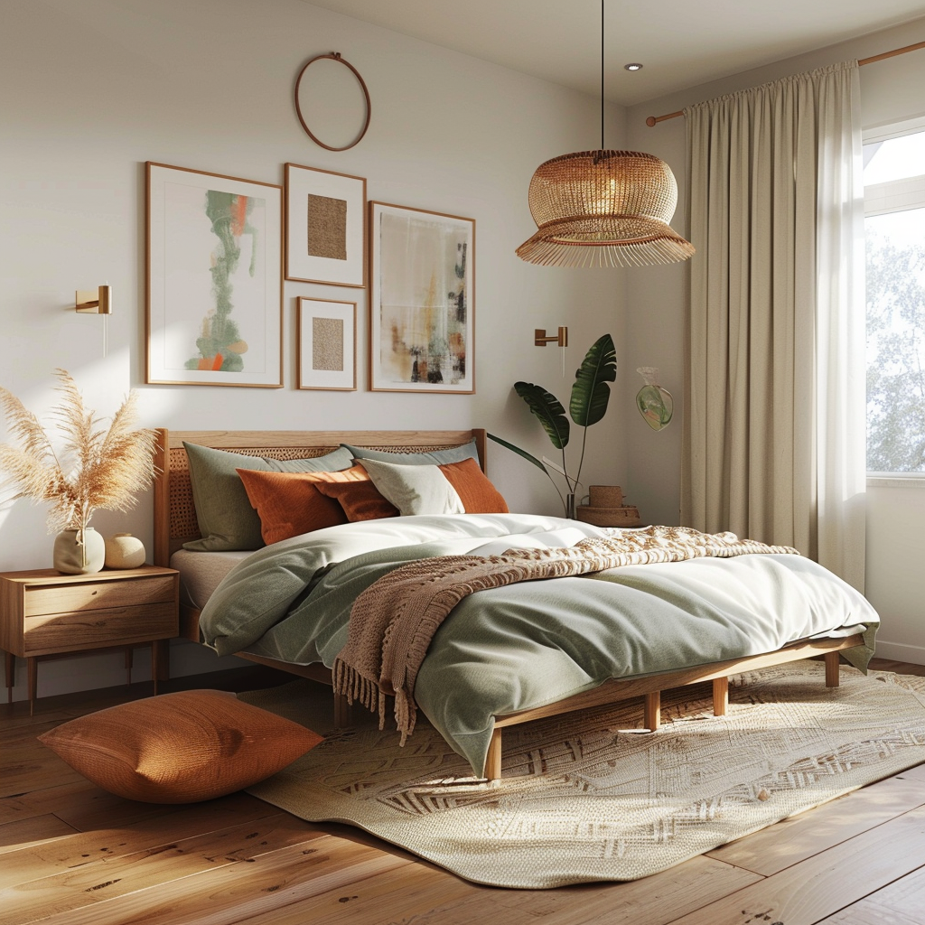 Minimalist bedroom with handmade decor, DIY projects, neutral tones with sage green and terracotta accents, natural wood furniture, large windows, and a macramé pendant light.