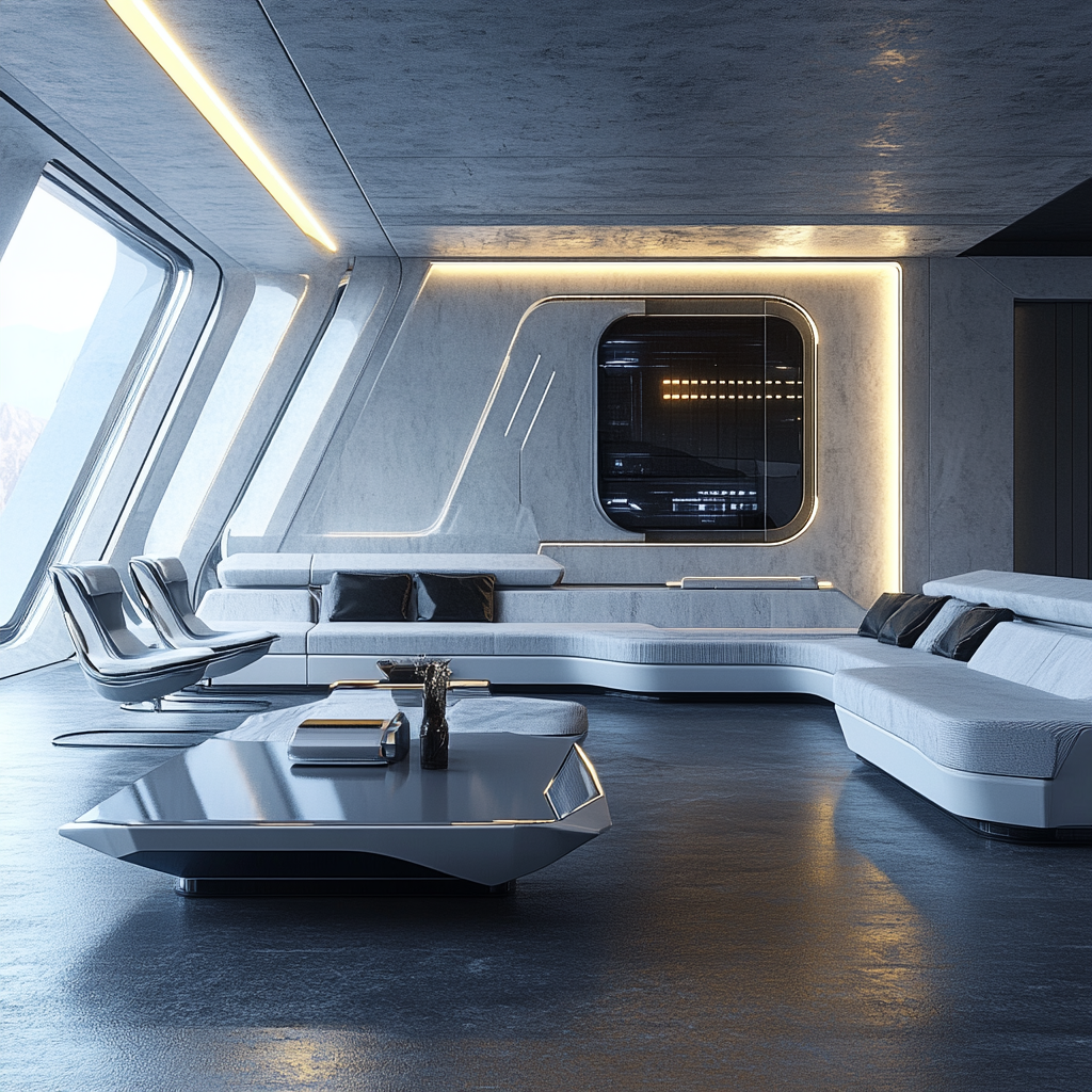 A photorealistic ultra-modern living room with futuristic furniture, clean lines, and a minimalistic design. Features a modular sofa, floating coffee table, and ergonomic chairs in a monochromatic color palette of cool grays accented by electric blues and silvers, with innovative lighting and advanced materials.