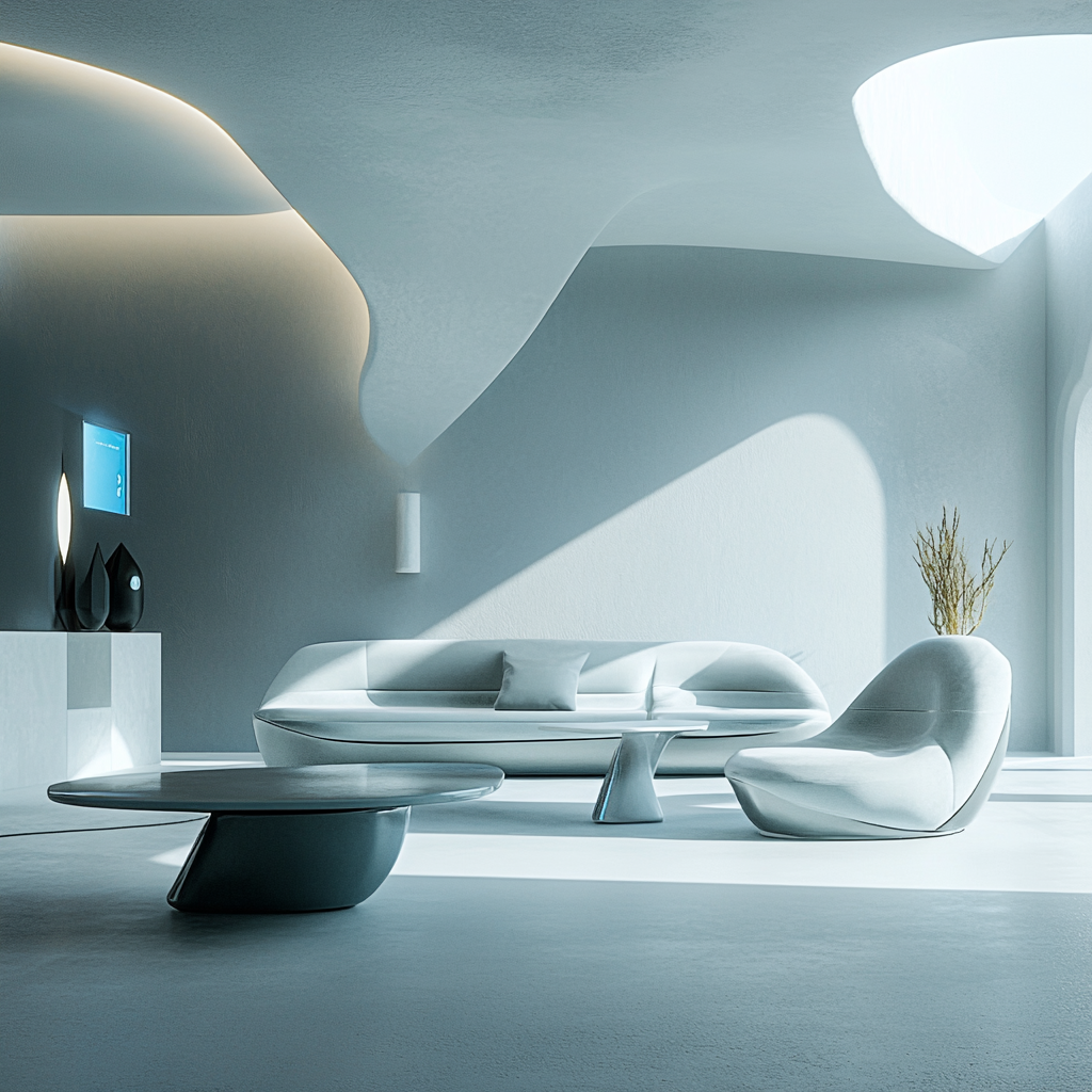 Photorealistic image of an ultra-modern living room featuring futuristic furniture, a monochromatic color scheme with cool grays, electric blues, and silvers, and illuminated by natural and LED lighting, highlighted by advanced materials and interactive smart art.