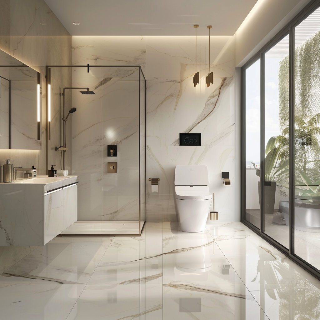 Contemporary luxury bathroom with minimalist design, featuring a smart toilet, marble floors, ceramic walls, a wall-mounted sink, and a walk-in shower, illuminated by natural and artificial light.